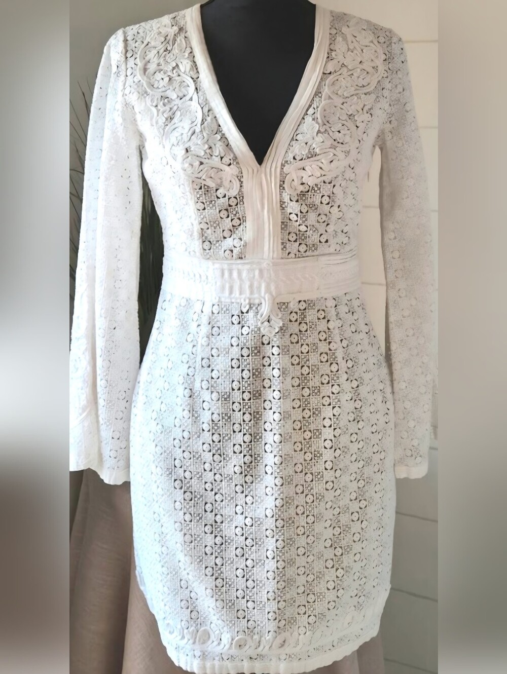 The Kooples White V-Neck Bell Sleeve Mini Dress Guipure Openwork Scroll Trim Lux